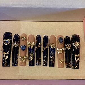 Press on Nails Royal blue and beige, custom handmade acrylic gel